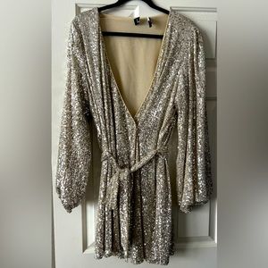 Lulus Champagne Sequin Wrap Dress Size Large